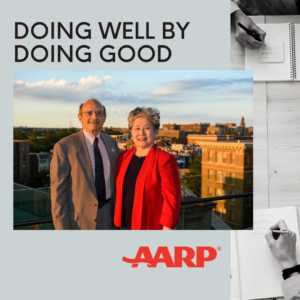 Image of Bill Novelli and former AARP employee promoting his article, Doing Well by Doing Good