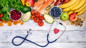 Stock image of healthy food and stethoscope